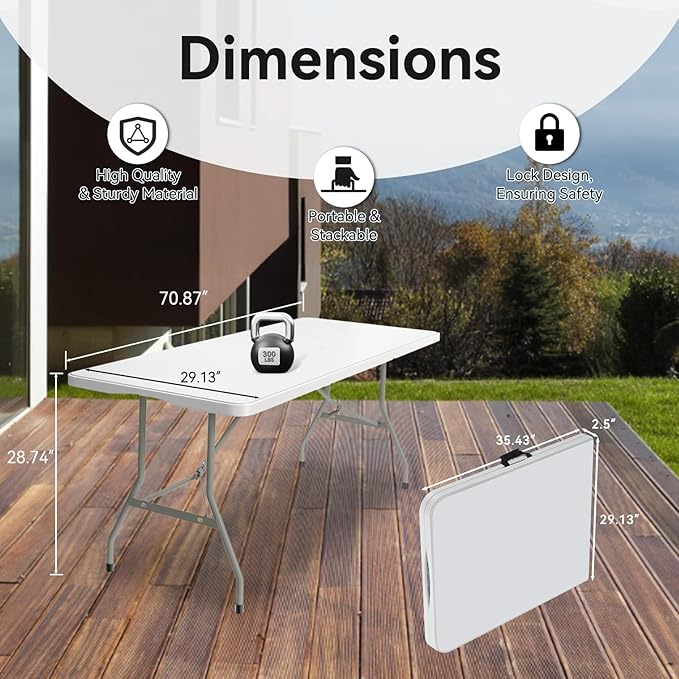 5 Pack of 6 Foot Foldable Table with Built in Handle & Steel Legs ,Heavy Duty Portable ,Perfect for Party, Dining, Wedding, Events, Picnic Indoor, Outdoor, Camping, Utility, Folding(white-5pac)