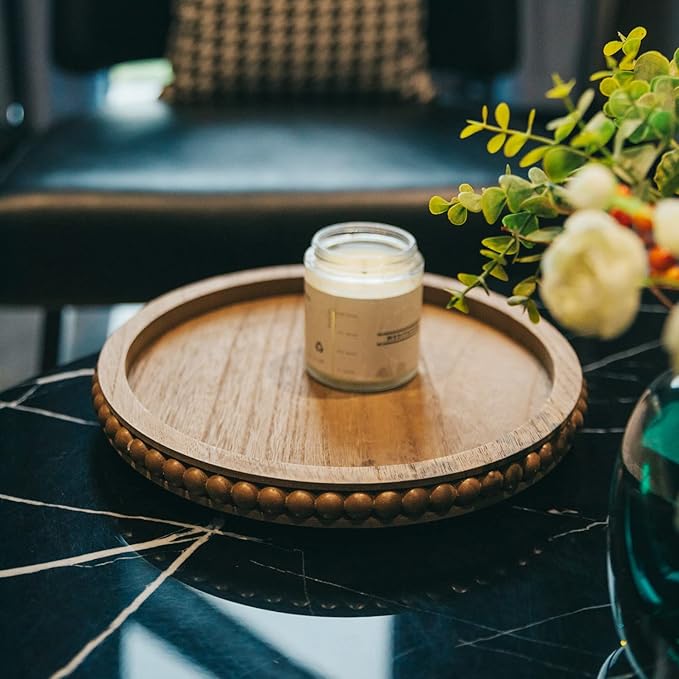 HPC DEC R OUR HAPPY PLACE 12in Round Wood Beaded Tray - Brown, Distressed Finish - Farmhouse Boho Style - Decorative Tray for Living Room, Coffee Table, Kitchen Table or Serving Tray