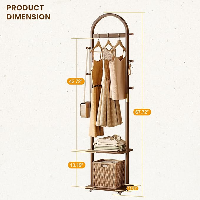 15.9" Narrow 3-in-1 Rolling Clothing Rack,Wooden Coat Rack with Wheels, 2 Shelves and 5 Hooks, Solid Rubber Wood Coat Rack with Shelves for Entryway, Bedroom, Living Room, Walnut