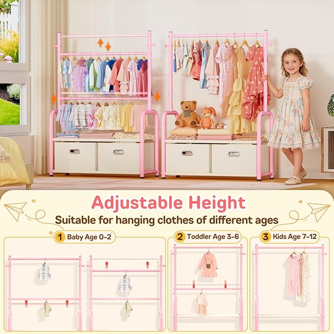 Kids Dress Up Rack Small Baby Closet Organizer for Hanging Clothes Kids Clothes Rack with 2 Tier Storage Racks and 2 Adjustable Hanging Poles (Upgrad, Pink)