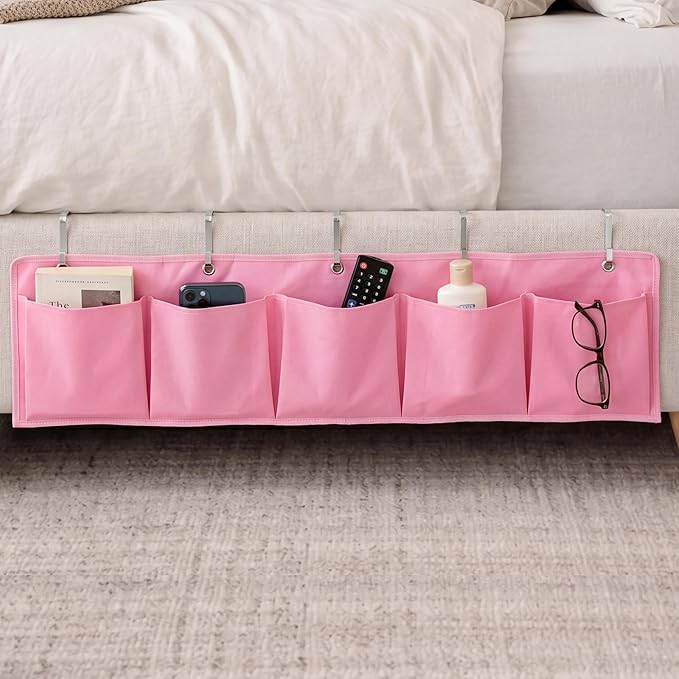 Extra Large Bedside Caddy Storage Bag 53 Inch Bedside Hanging Organizer Bedskirt Pocket Organizer Storage Bag Shoe Rv Pockets with Hook for Home Dormitory Hospital Camper Van Bunk Nursery Bed(Pink)