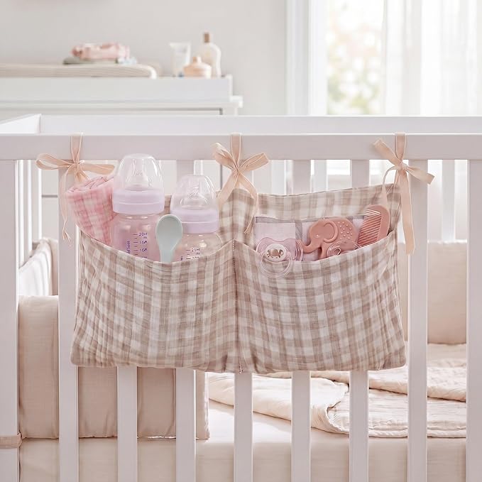 Gingham Crib Organizer Hanging Cotton Baby Bedside Hanging Storage Bag Storage Crib Organizer Baby Nappy(Beige)