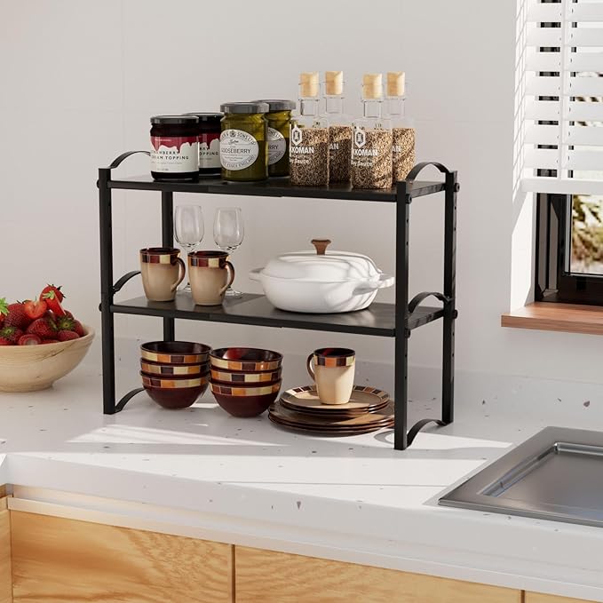 Thickened 2 Pack Expandable Cabinet Organizer Shelves, Stackable Countertop Shelf Organizers for Kitchen Pantry Cabinet Storage, Adjustable Counter Cupboard Organizer Shelf Rack Stand 22"L