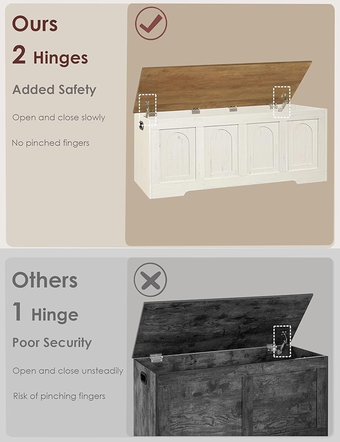 DINZI LVJ Storage Chest, 50” Extra Large Storage Bench with 2 Safety Hinges, Farmhouse Wooden Toy Box with Flip-Top, Large Trunk for Living Room, Playroom, Easy Assembly, Honey Brown and Rustic White