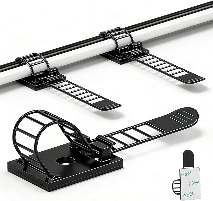 Adjustable adhesive cable management clips 50Pcs, large self adhesive cable ties clips ，Suitable for cable management under desks and on walls(Black)