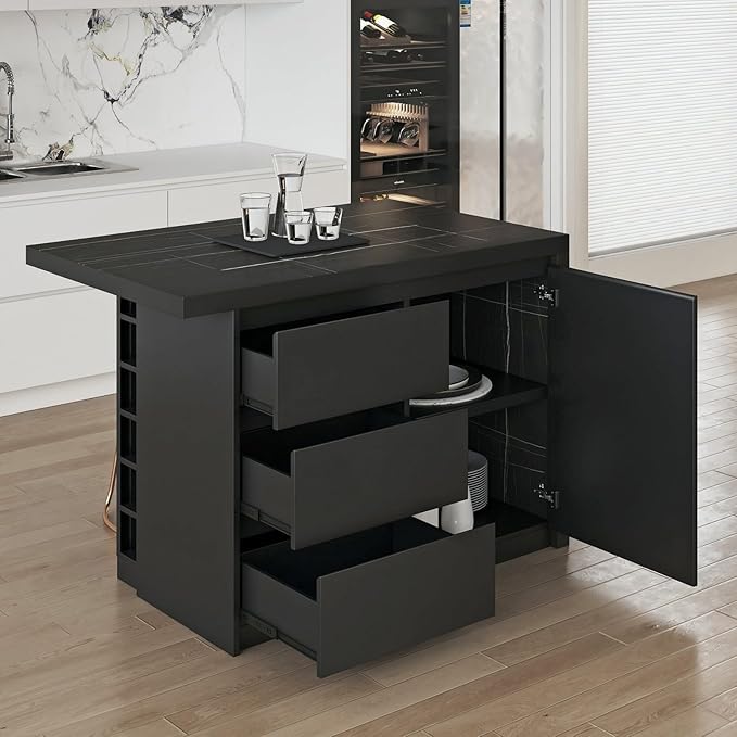 homary Kitchen Island with Storage & Wine Rack, 50" Modern Black Kitchen Cabinet with Wood Top, Large Fixed Island with 3 Drawers & 6 Adjustable Shelves