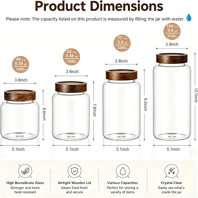 49 Fl oz/1450 ml Large Glass Jar with Wooden Screw On Lid, Wide Mouth Clear Airtight Container, Kitchen Storage Canister for Cookies,Coffee Pod,Bean,Cereal,Treat,Pickle,Biscuit,Candy