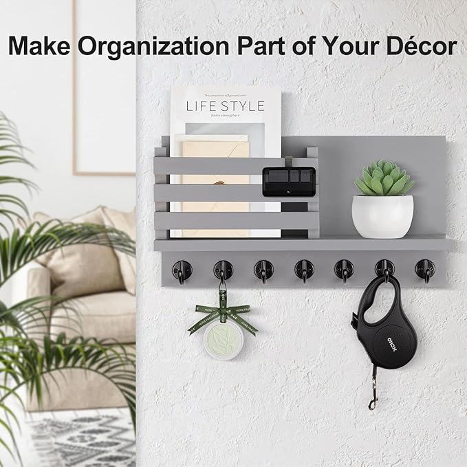 Lwenki Key Holder for Wall – Decorative Wooden Mail Holder and Key Shelf with Mounting Hardware, Installation Guide – Paulownia Wood with Metal Key Hooks (Gray, Extra Large - 15.6inch)