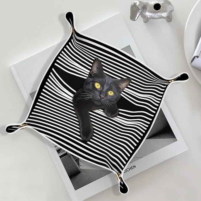 Black Cat Gifts Leather Jewelry Valet Tray,Cat Mom Lovers Gifts for Women PU Leather Catchall Beside Caddy Nightstand Organizer Tray for Jewelry Rings Watches Keys and Accessories,7.8x7.8inch