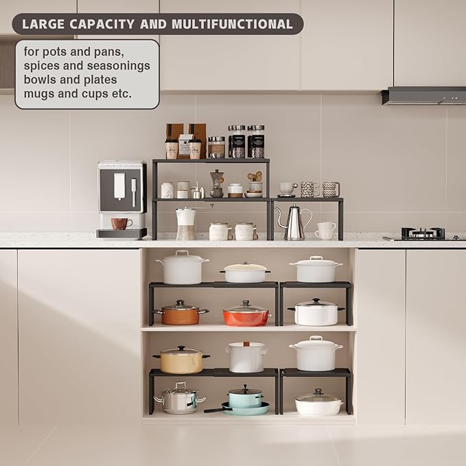 Magheo Expandable Cabinet Shelf Organizer, 2 Pack Stackable Kitchen Counter Shelf Riser, Metal Spice Rack Heavy Duty Countertop Organizer Storage for Kitchen, Pantry, Cupboard, Rv (8.7in Height,Black)