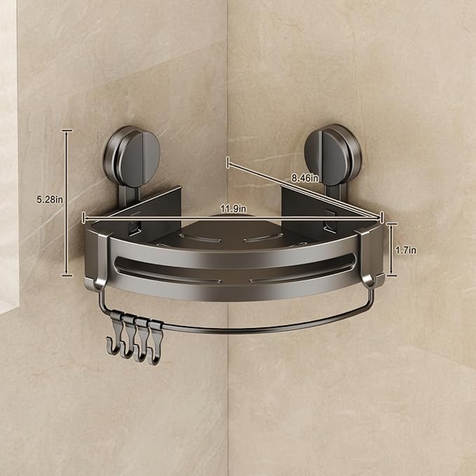 VOLPONE 2 Pack Shower Caddy Suction Cup, Corner Shower Shelves No Drilling, Showers Organizer Storage with Towel Bar & Removable Hooks, Bathroom Shower Shelf Rack for Inside Showers, Triangle