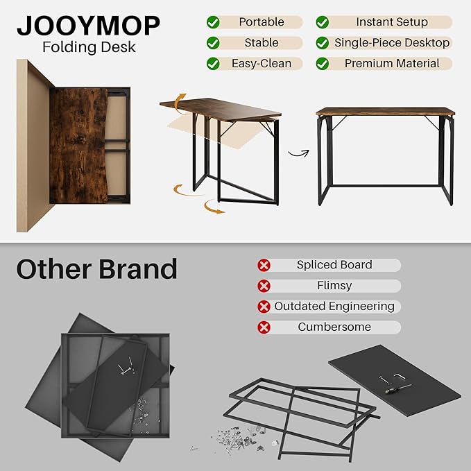 JOYMOOP Folding Desk Rustic Brown - 40", No Assembly Foldable Desk for Home, Office - Middle Size, Wooden Top Folding Computer Desk for Working, Writing, Studying