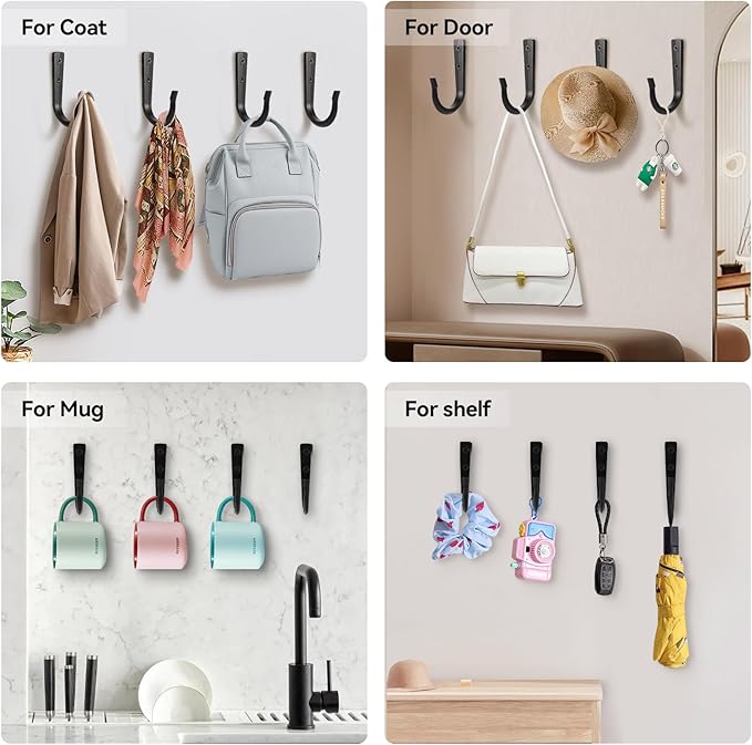 10Pcs Large Size Heavy Duty Wall Hooks, Coat Hooks, Wall Hooks for Hanging Pans, Backpacks, Coats, Garage Items (Black)