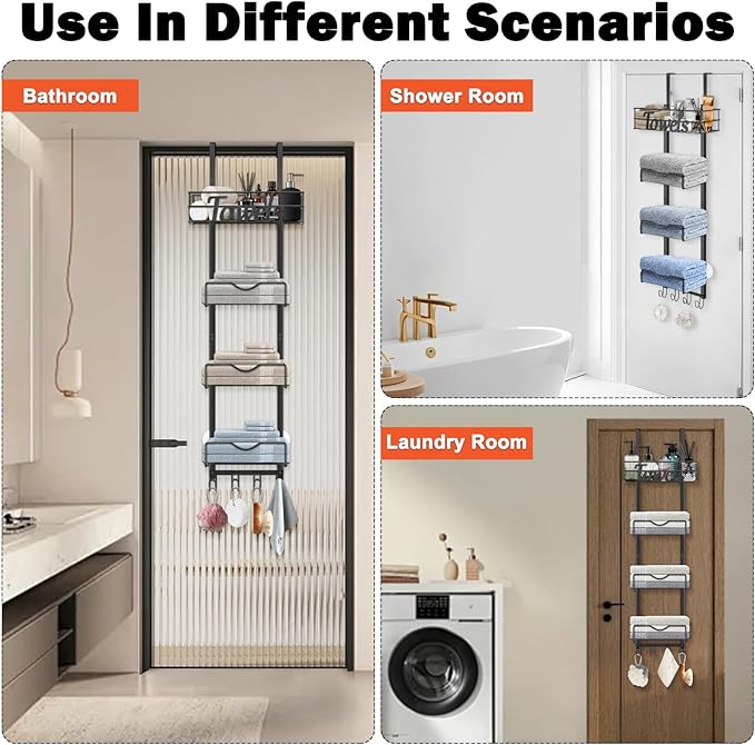 Over The Door Towel Racks, No Drill Towel Storage with Basket & Hooks, Space-Saving Multi-Functional Towel Holder for Bathrooms, bedrooms, Apartments, RVs (Matte Black, 5 Tier)