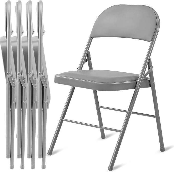 Simple Deluxe 4 Pack Folding Chairs – Padded Leather Seats, Heavy-Duty Metal Frame | Collapsible & Lightweight for Indoor/Outdoor Events, Home, Office, Grey