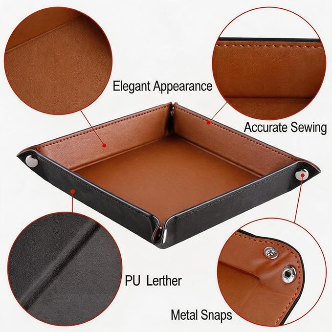 Valet Tray Desktop Storage Organizer – Vegan Leather Catchall Tray Bedside Vanity Tray Nightstand Caddy Holder for Remote Controller, Watch, Keys, Phone, Wallet, Coin, Jewelry, Brown