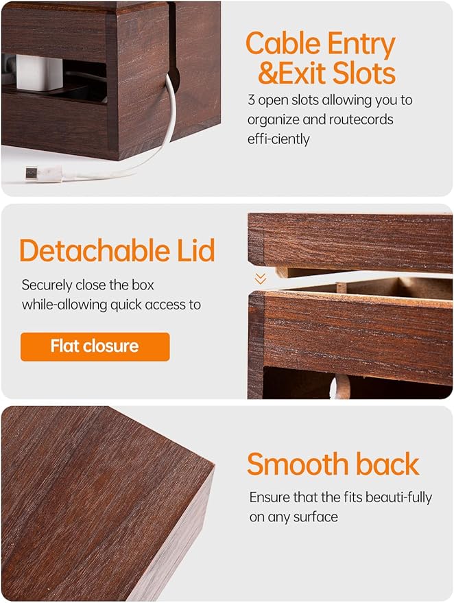 Wood Cable Management Box, Wire Organizer & Cable Hider Box with Lid, Power Strip Protector Boxs for Desk, Floor, Home, Office & Extension Leads – Decorative Cord Organizer
