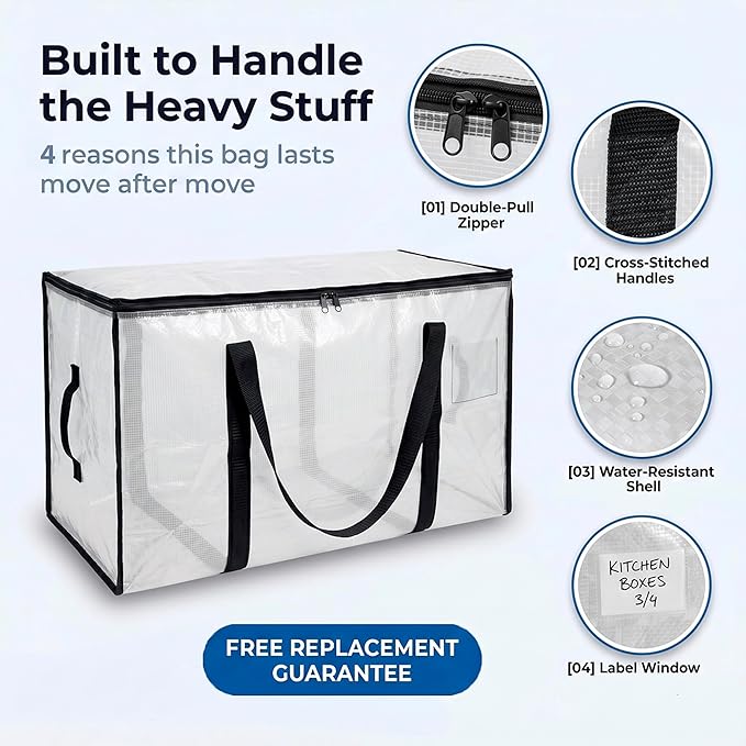 ClearSpace Heavy Duty Moving Bags or Storage Bags – Clear Storage Bins with Lids, Large Moving Boxes with Backpack Straps & Zippers – Packing Bags & Moving Supplies for College Dorm- 4 Pack
