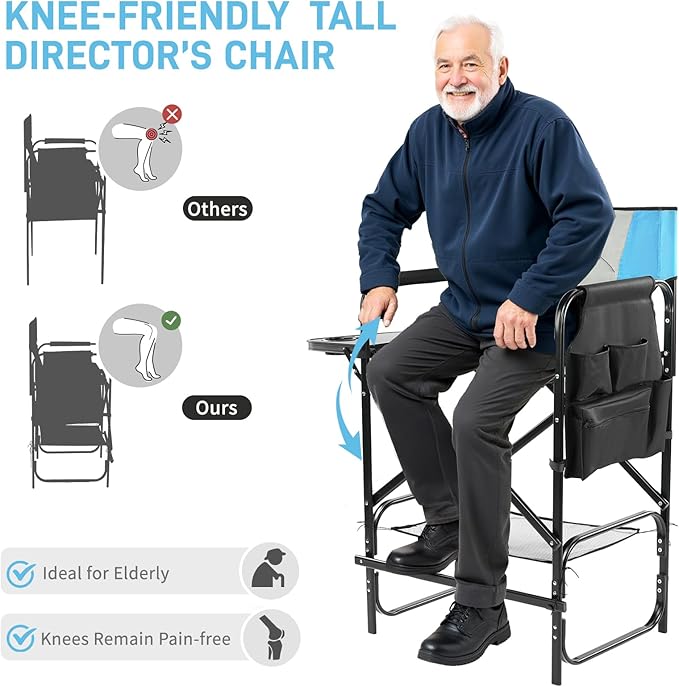 Outvita 4 Piece 31" Tall Directors Chair Height Seat Folding with Side Table Storage Bag, Support for 300Lbs Portable Makeup Artist Chair with Bar Height(Blue/Black)