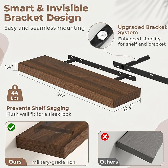 Venusmiles Floating Shelves for Wall, 24 Inch Floating Shelves Set of 2, 6.5" D Wooden Wall Mounted Display Shelves with Invisible Brackets for Living Room, Bedroom, Bathroom, Kitchen Decor, Walnut