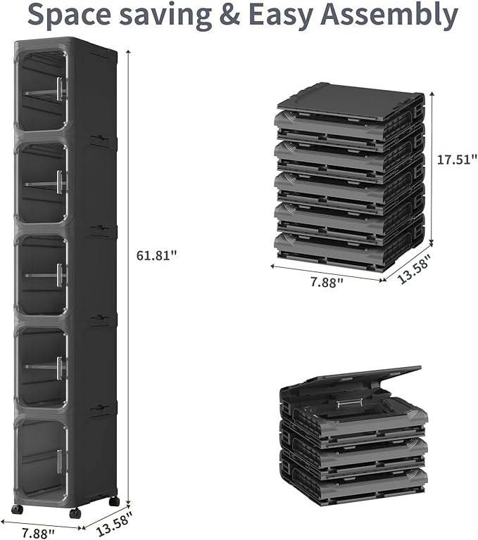 5-Tiers Slim Bathroom Storage Cabinet, Foldable Storage Cabinets,Narrow Bathroom Storage,Movable Bathroom Storage Organizer for Small Spaces,Bathroom,Kitchen,Laundry, Black