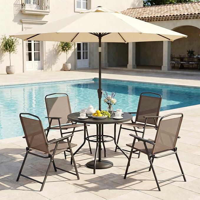 TLSUNNY Patio Folding Chairs Set of 2, Portable Dining Lawn Chairs, Outdoor Folded Furniture W/Breathable Textilene & Steel Frame, Armrests & Crossbar, All Weather for Pool, Camping (2, Brown)