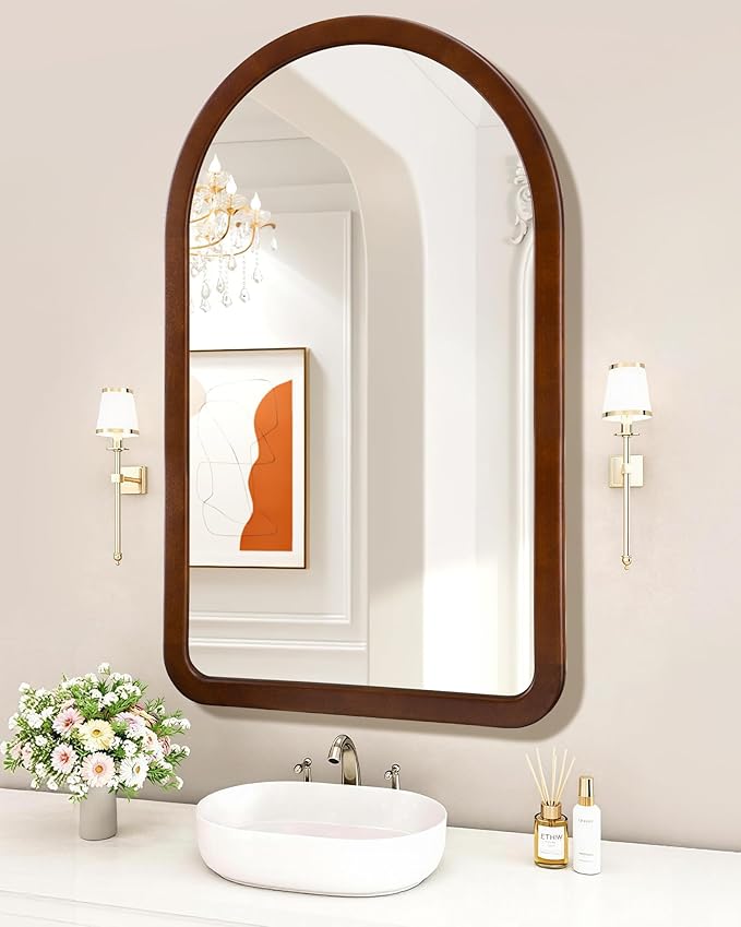 Arched Mirror 30 x 48 Inch,Walnut Brown Wood Rustic Bathroom Tempered Wall Mirror with Wood Frame,Round Corner Arch Farmhouse Wooden Vanity Mirror for Living Room,Entryway or Bedroom