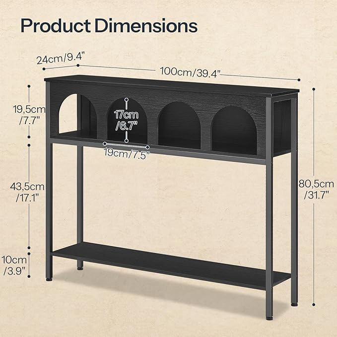 HOOBRO Modern Console Table, Entryway Table with 3-Tier Storage, Narrow Sofa Table Behind Couch with Arched Design for Living Room, Entrance, Hallway, Black BB106XG01