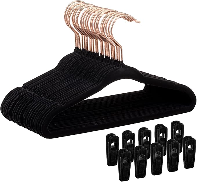 Tonswachic Velvet Baby Hangers 30 Pack - 11 Inch Premium Felt Non Slip Kids Hanger for Infant Toddler Clothes - 0.2" Ultra Thin Baby Clothes Hangers for Children's Closet with 10 Hanger Clips - Black