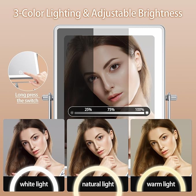 FASCINATE Rechargeable Wall Mounted Makeup Mirror, 4500mAh 8.7" Double Sided Touch Switch 1X 30X Rectangle Wall Mounted Magnifying Mirror with Light, 3 Color Setting, Extended Arm 360° Foldable Chrome