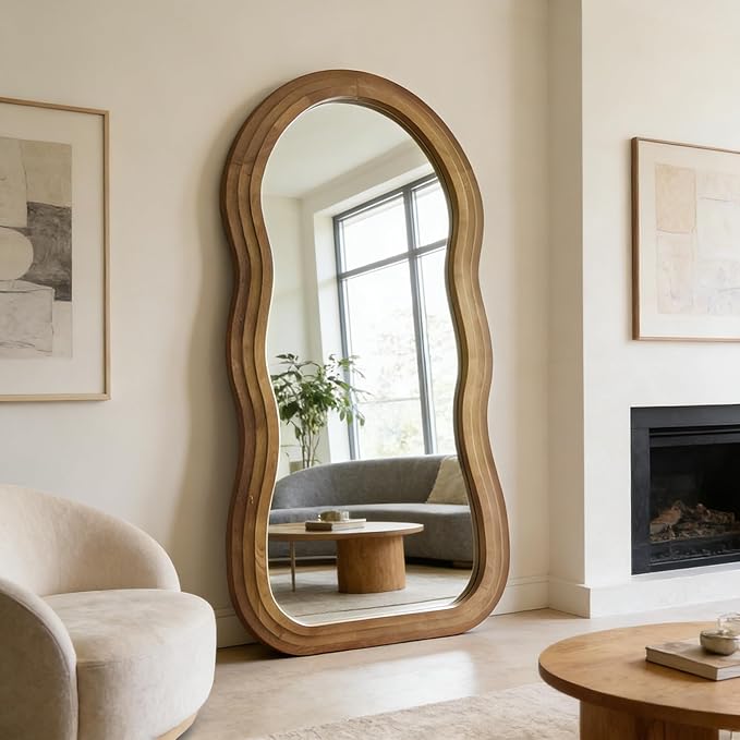 Wavy Full Length Mirror, 71"x33.5" Oversized Organic Floor Mirrors with Triple-Layer Solid Wood Frame, Large Irregular Full Body Mirror for Living Room Entryway Cloakroom, Leaning/Hanging