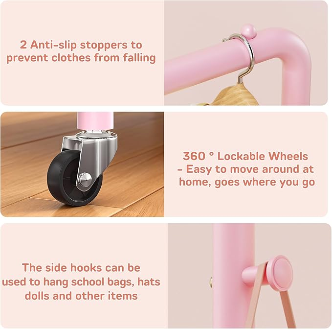 Kids Clothing Rack with Storage Shelf, Kids Dress Up Storage for Coats, Small Baby Garment Rack for Hanging Clothes, Toddler Wardrobe Closet Organizer (Pink, Upgrade with Wheel)