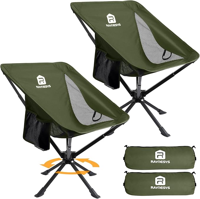 Raynesys 2 Pack Portable Camping Chair, Flexible 360° Rotation, 8 Seconds Quick Setup Folding Camping Chair, 3.8Lb Lightweight Travel Chairs for Easy Carry to Hiking, Sporting, Beach, Army Green