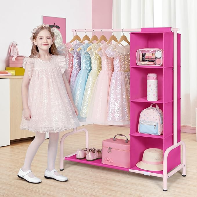 Univivi Kids Clothing Rack with Hanging Organizer, Short Toddler Dress Up Storage Rack for Hanging Clothes, Kids Wardrobe Closet for Baby Clothes, Dance Costumes, Rose Red/Pink