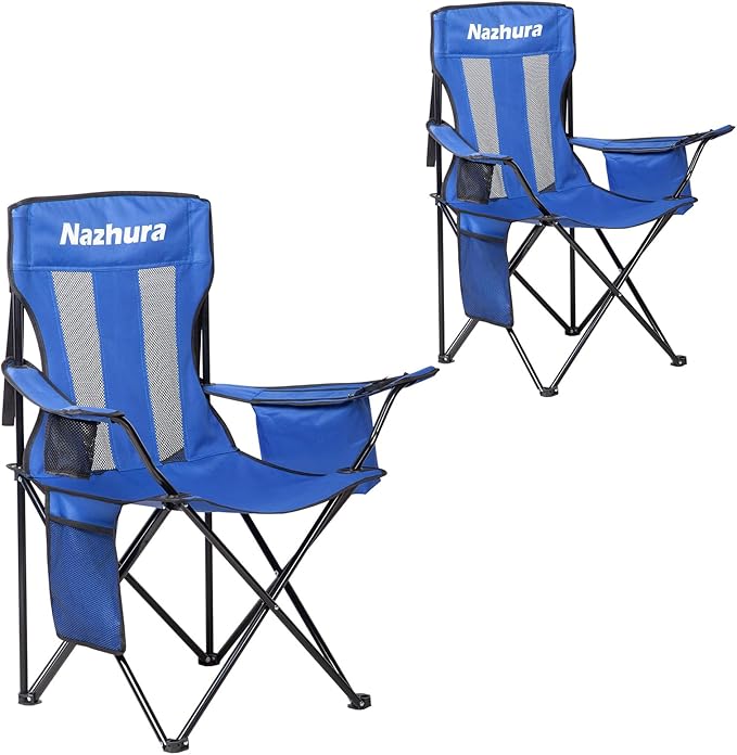 Nazhura 2 Pack Outdoor Camping Chairs Folding/Foldable/Portable with Cooler Pouch, Mesh Backrest and Cup Holder Pocket (Blue, 2 Pack)