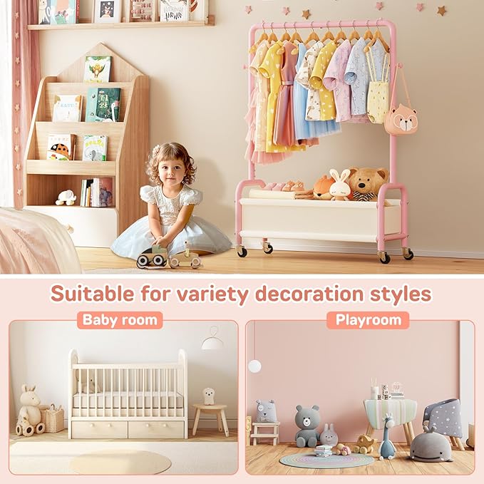 Kids Clothing Rack with Storage Shelf, Kids Dress Up Storage for Coats, Small Baby Garment Rack for Hanging Clothes, Toddler Wardrobe Closet Organizer (Pink, Upgrade with Wheel)