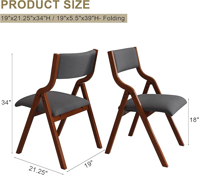 Ball & Cast Foldable Chair with Padded Seat,Wooden Portable Folding Dining Chair W/Ergonomically Designed Back and Cushion,Easy Carry,No Assembly Required,for Kitchen,Set of 2,Grey+Cherry
