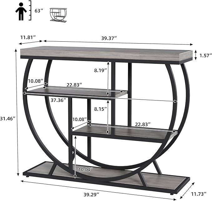 Garvee Entryway Table with Storage, Industrial 4-Tier Narrow Console Table Behind Couch with Half-Circle Base & Storage Shelves for Living Room, Hallway, Foyer