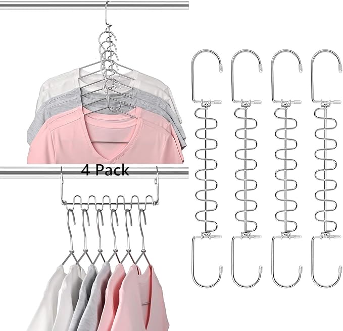 KLEVERISE 4 Pack Metal Space Saving Hangers, Stainless Steel Hangers Space Saving for Clothes, Magic Cascading Space Saving Closet Clothing Hanger Organizer Space Saver, College Dorm Essentials