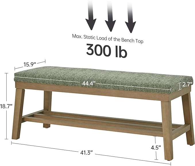 VKNOW Entryway Bench, 44.4" Upholstered Shoe Storage Bench for Entryway & Bedroom, Shoe Bench with Rubberwood Legs, Modern End of Bed Storage Bench for Living Room and Hallway, Green