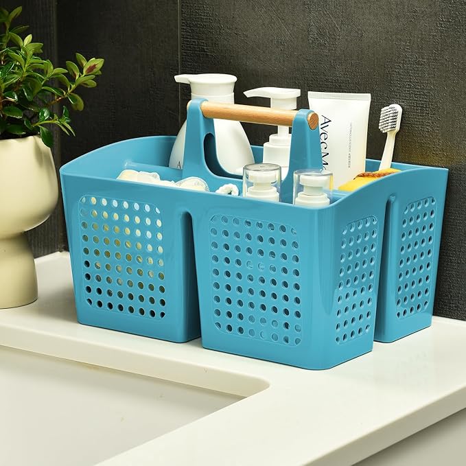 Portable Shower Caddy Basket with Wood Handle, 3-Compartment Bathroom Organizer Tote with Drain Holes, Plastic Shower Basket for Dorm, Toiletries, Cleaning Supplies, Green
