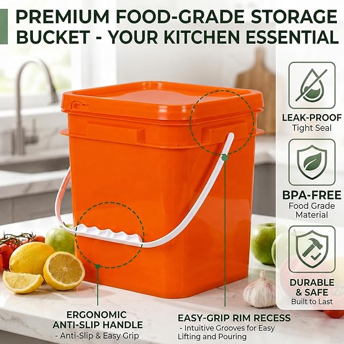 DEMORA 1Gallon Food Grade Square Plastic Bucket with Lid, Airtight Storage Container, Reusable Pail for Kitchen Food Water Ice Cream Household Use (Orange, 4Pcs)