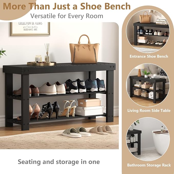 NEWBULIG Shoe Rack Bench, 3-Tier Bamboo Shoe Organizer, Wooden Entryway Storage Bench, 286 lb Load Capacity, 11.2x35.5x17.9 Inches, for Entryway Bathroom Bedroom Balcony, Black
