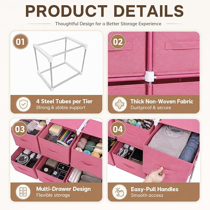 Geetery Under Dorm Bed Cube Organizer Shelf with 6 Cube Fabric Storage Organizer Bins with Handle Dorm Under Bed Closet Drawer for College Essentials Nursery Bedroom Living Room(Pink)