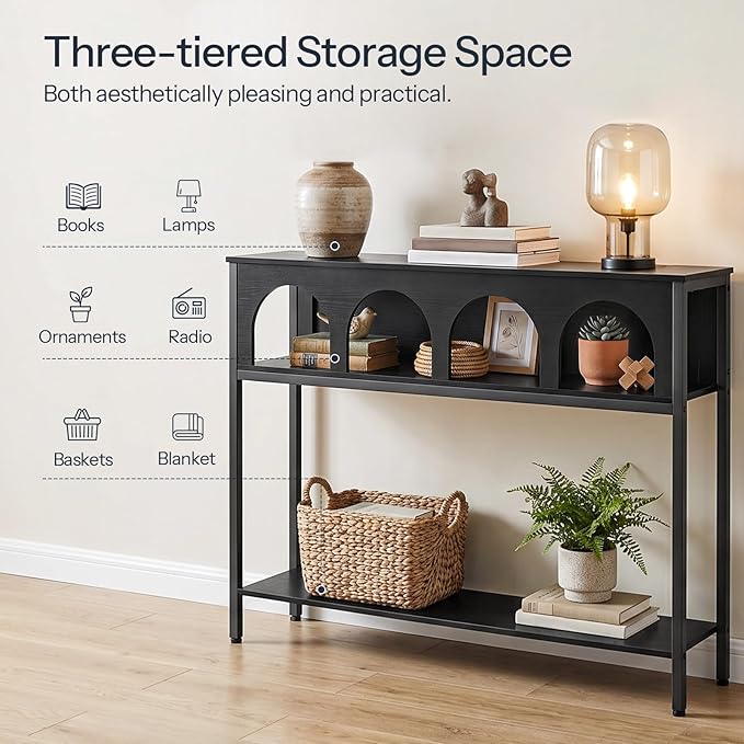 HOOBRO Modern Console Table, Entryway Table with 3-Tier Storage, Narrow Sofa Table Behind Couch with Arched Design for Living Room, Entrance, Hallway, Black BB106XG01