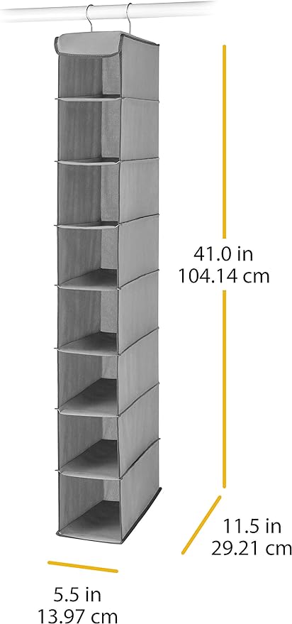 Whitmor Hanging Shoe Organizer, 8 Shelves-Hanging Closet Organizer, Hanging Shoe Rack for Small Closet, Hanging Shelves for Storage Shoes Clothes 11.5" D x 5.5" W x 41" H, Grey
