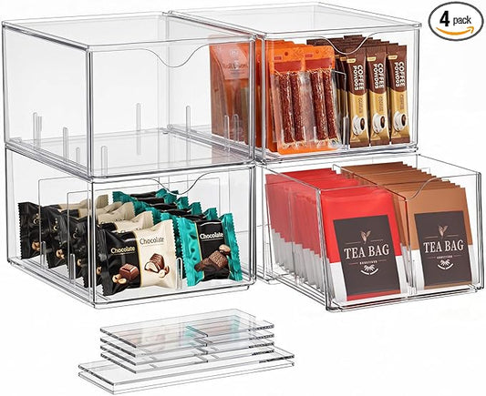 4 PCS Clear Stackable Storage Drawers with Adjustable Dividers, 6 Compartments Large Tea Bag Organizers, Acrylic Food Storage Bins for Pantry, Kitchen Cabinet, Fridge, Sugar & Spice Packets, Snacks