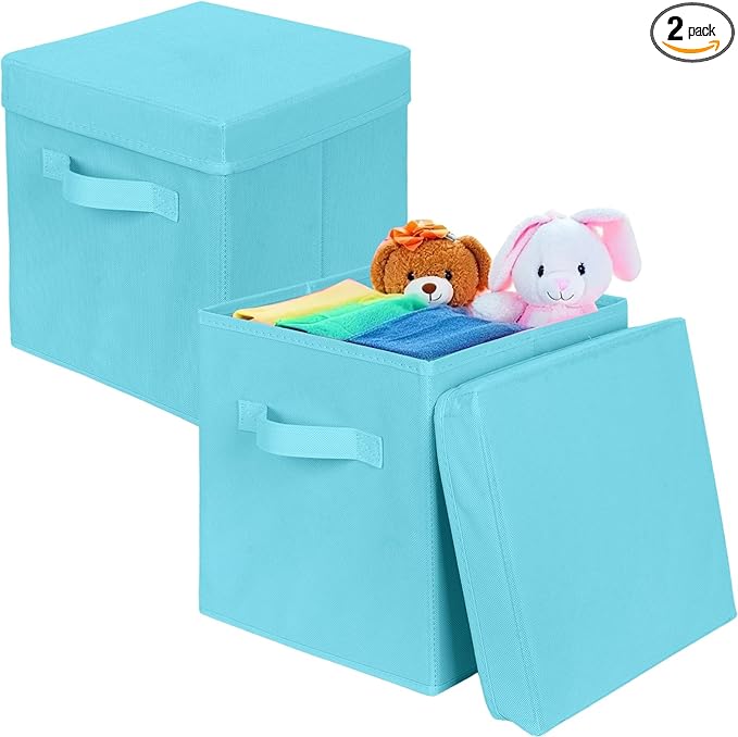 ShellKingdom Storage Bins, Foldable Fabric Storage Cubes with Lid, Clothes Storage Organizer Drawer For Closet Toys Storage, 10.5 X 10.5 X 11 INCH, 2 Pack (Light Blue)