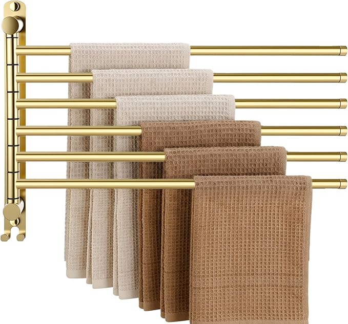 Teenyyou 20.4 Inches Swivel Towel Rack 304 Stainless Steel 6 Arms Bathroom Towel Rack Hanger Pool Holder Wall Mounted Swivel Bar Space Saving with Hook(Gold)