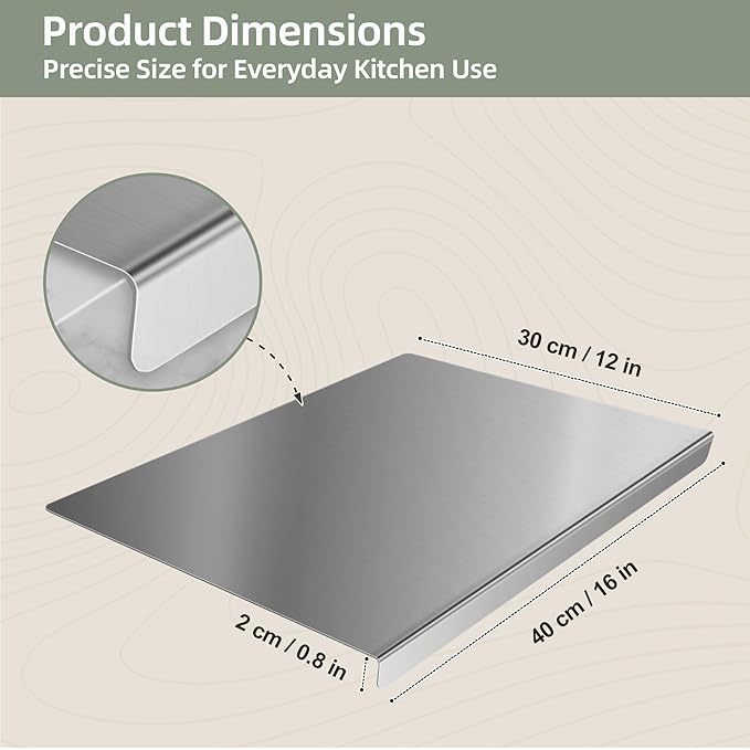 Stainless Steel Cutting Board with Lip, Kitchen Chopping Board for Cutting Meat, Veggies and Fruit, 16 × 12 × 0.8 inch